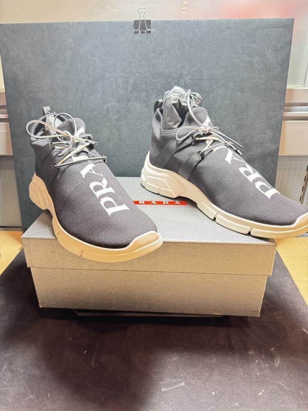 Prada XY Logo Sock Black White Knit Flat Lace Up Tie Pull LS(334022)